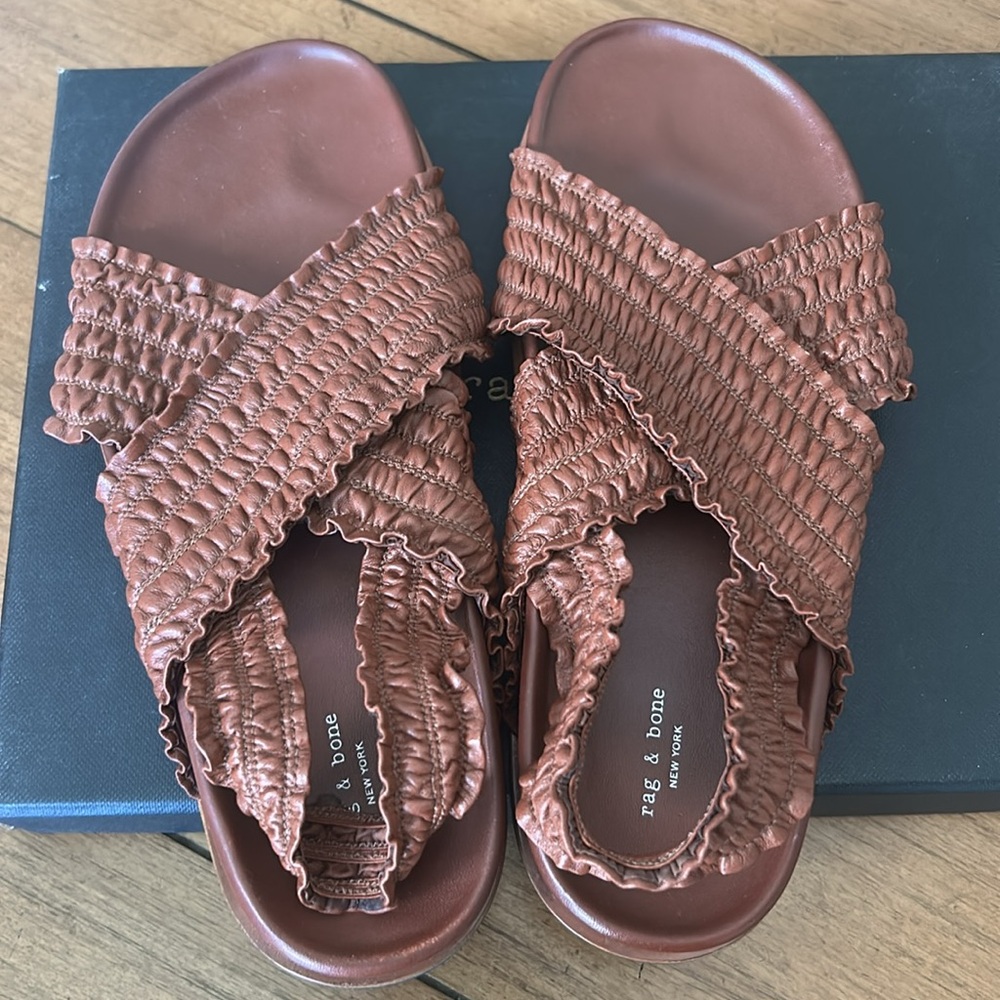 Rag & Bone 6.5  Bailey Brown Leather Cross Strap Ruched Slip On Sandals